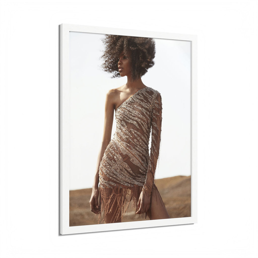 Framed Fashion Poster — Afro Model in One-Shoulder Dress (Wall Art)