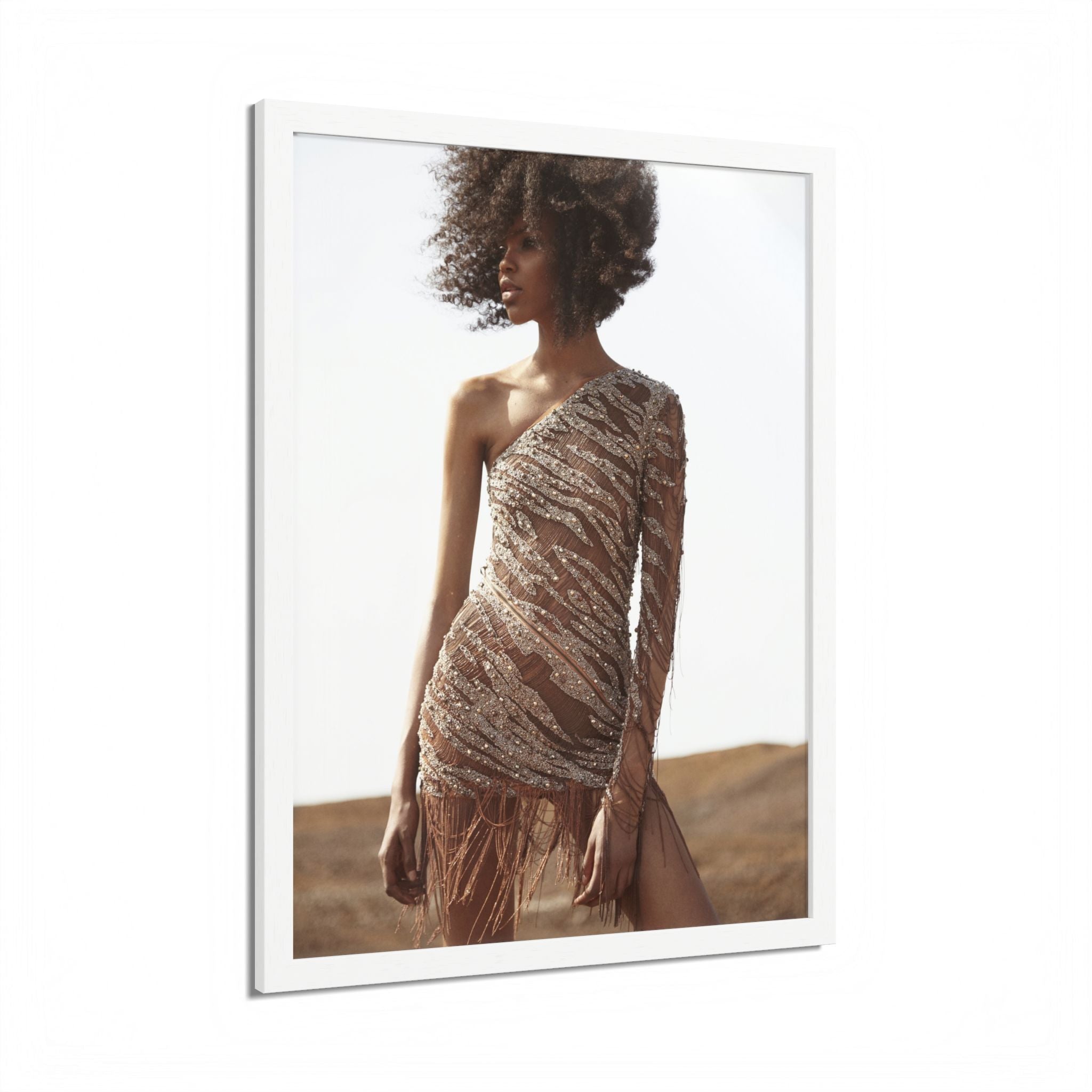 Framed Fashion Poster — Afro Model in One-Shoulder Dress (Wall Art)