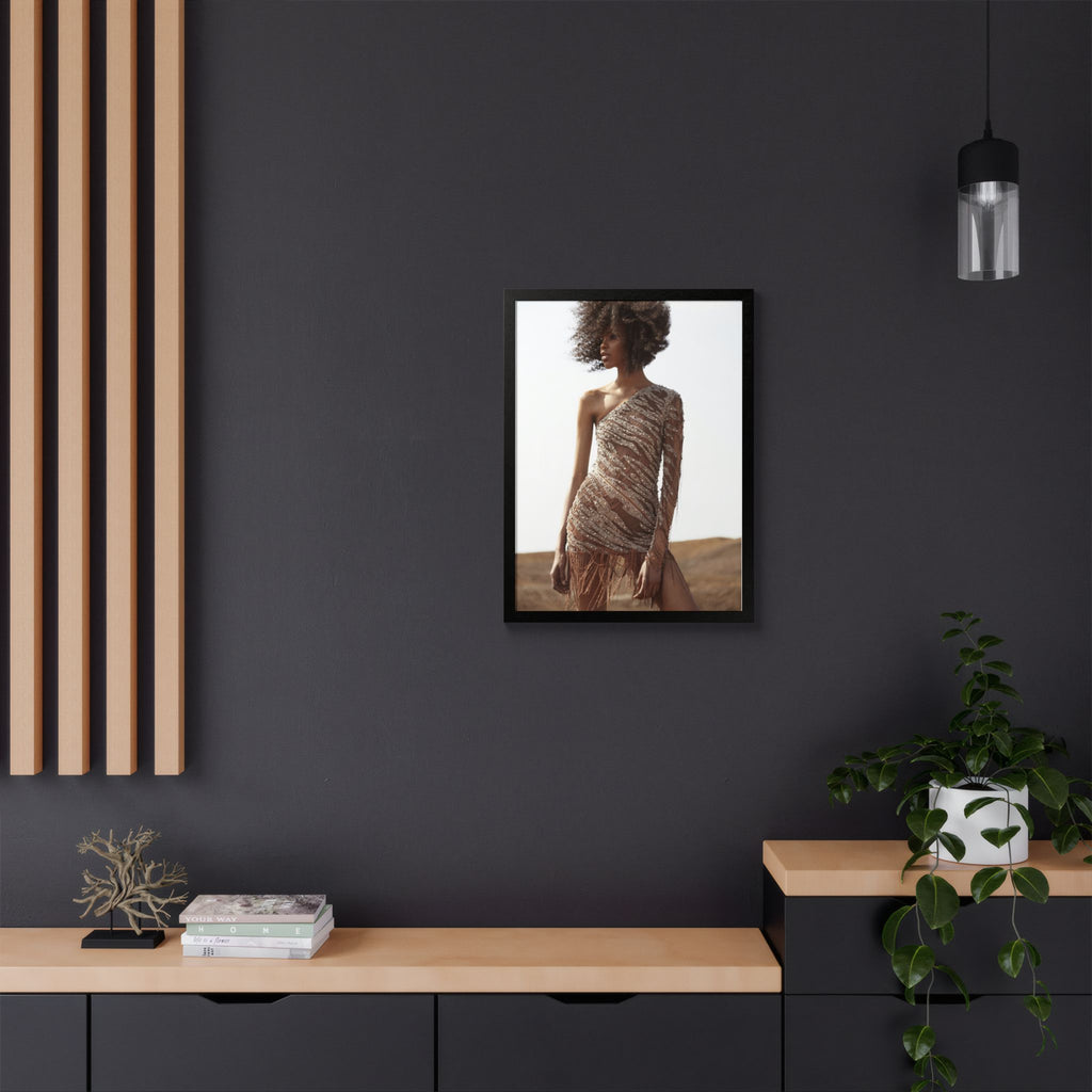Framed Fashion Poster — Afro Model in One-Shoulder Dress (Wall Art)