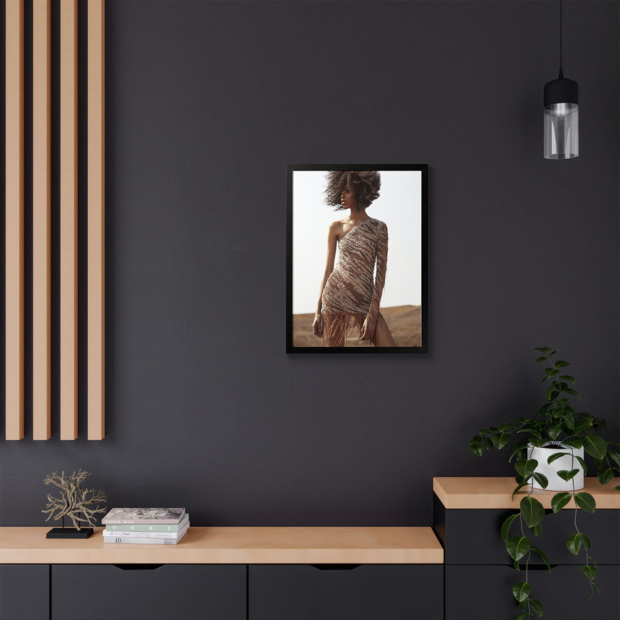 Framed Fashion Poster — Afro Model in One-Shoulder Dress (Wall Art)