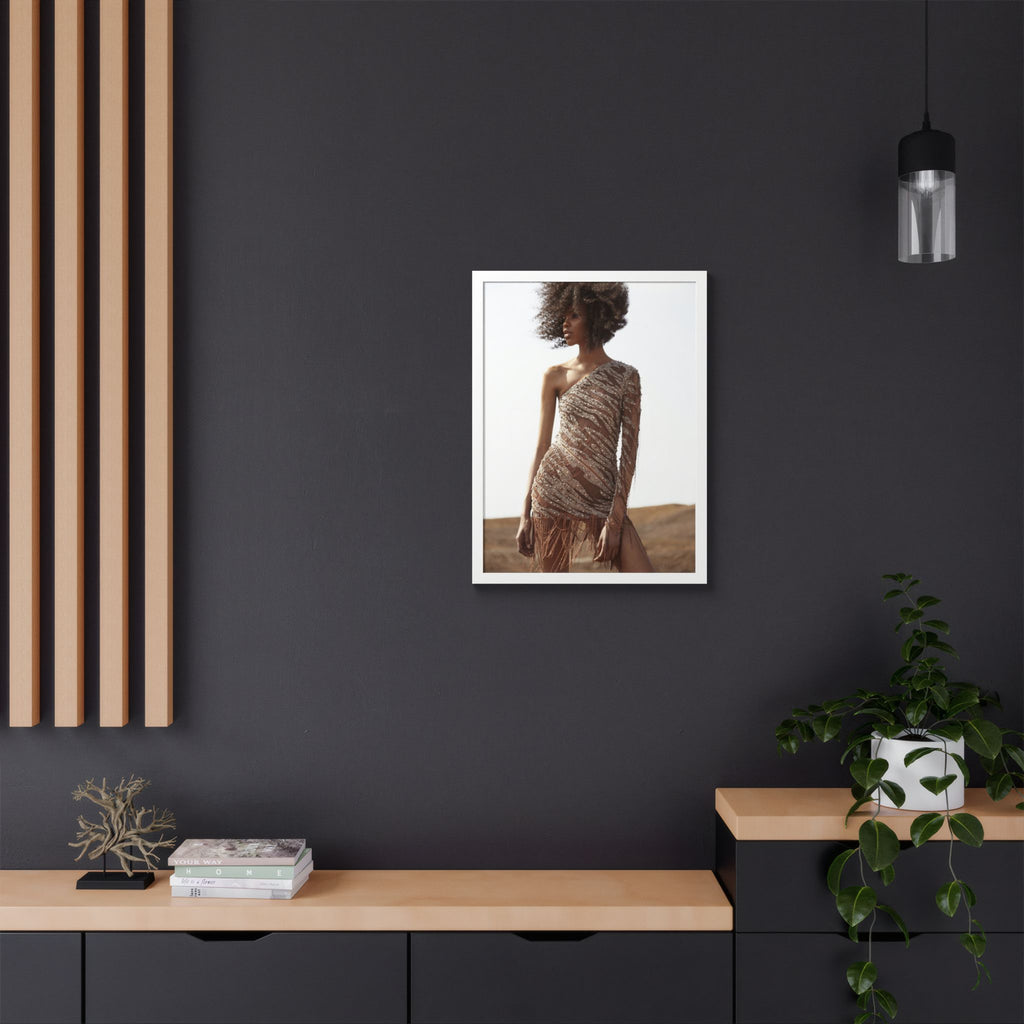 Framed Fashion Poster — Afro Model in One-Shoulder Dress (Wall Art)