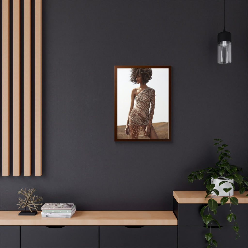 Framed Fashion Poster — Afro Model in One-Shoulder Dress (Wall Art)
