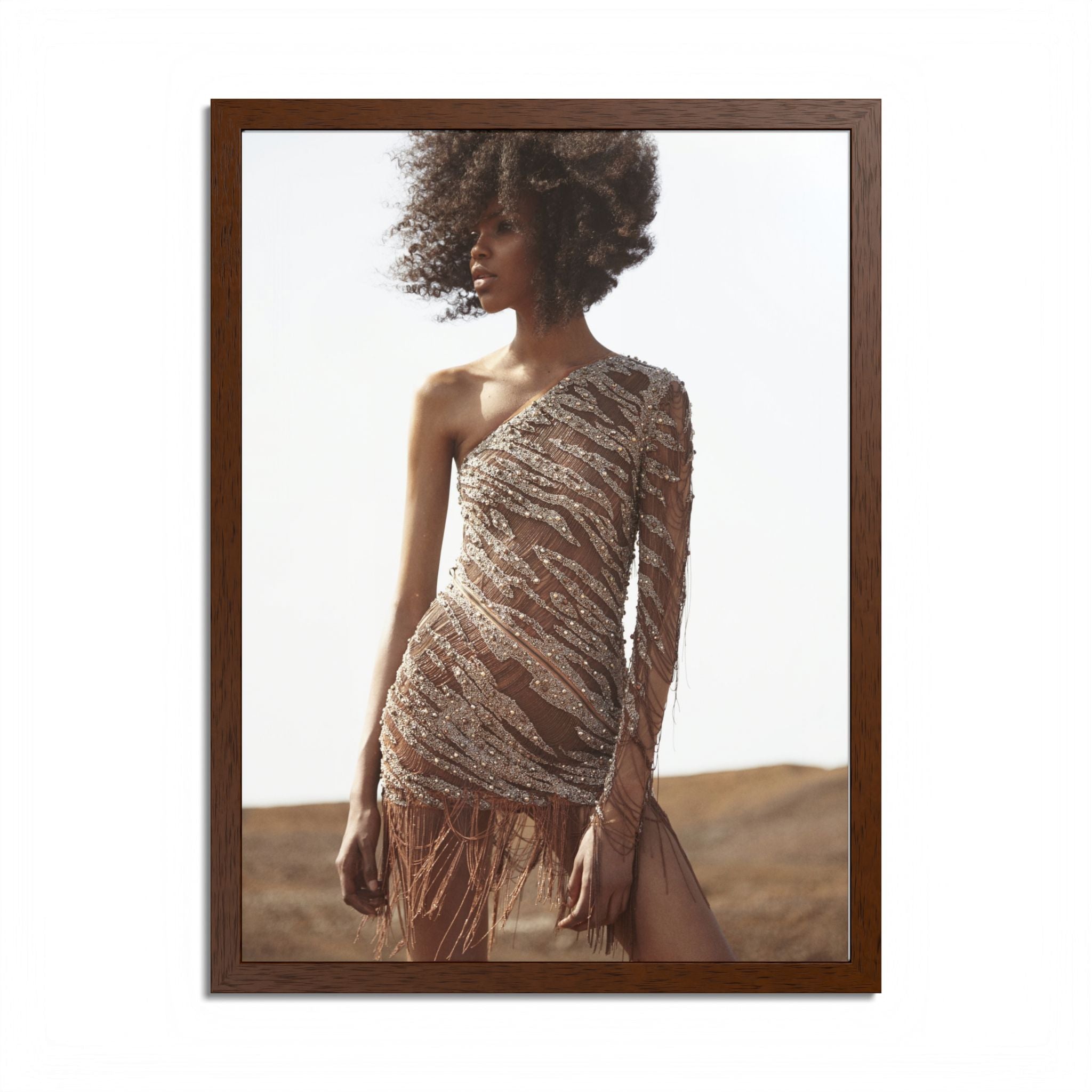 Framed Fashion Poster — Afro Model in One-Shoulder Dress (Wall Art)