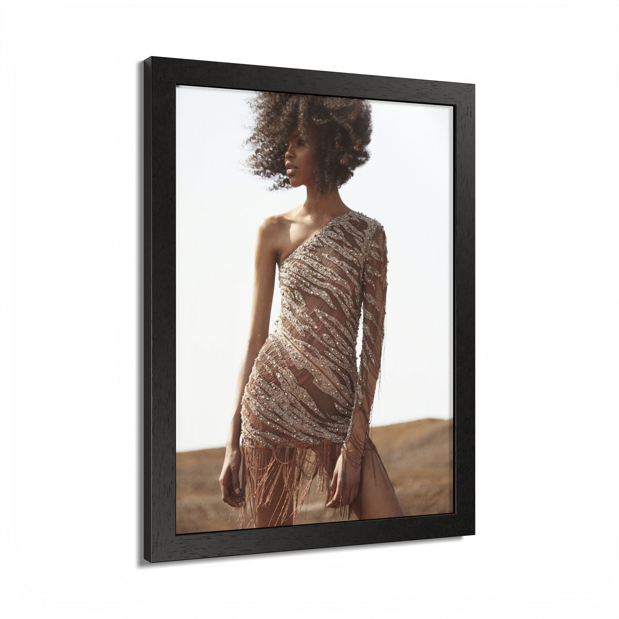 Framed Fashion Poster — Afro Model in One-Shoulder Dress (Wall Art)