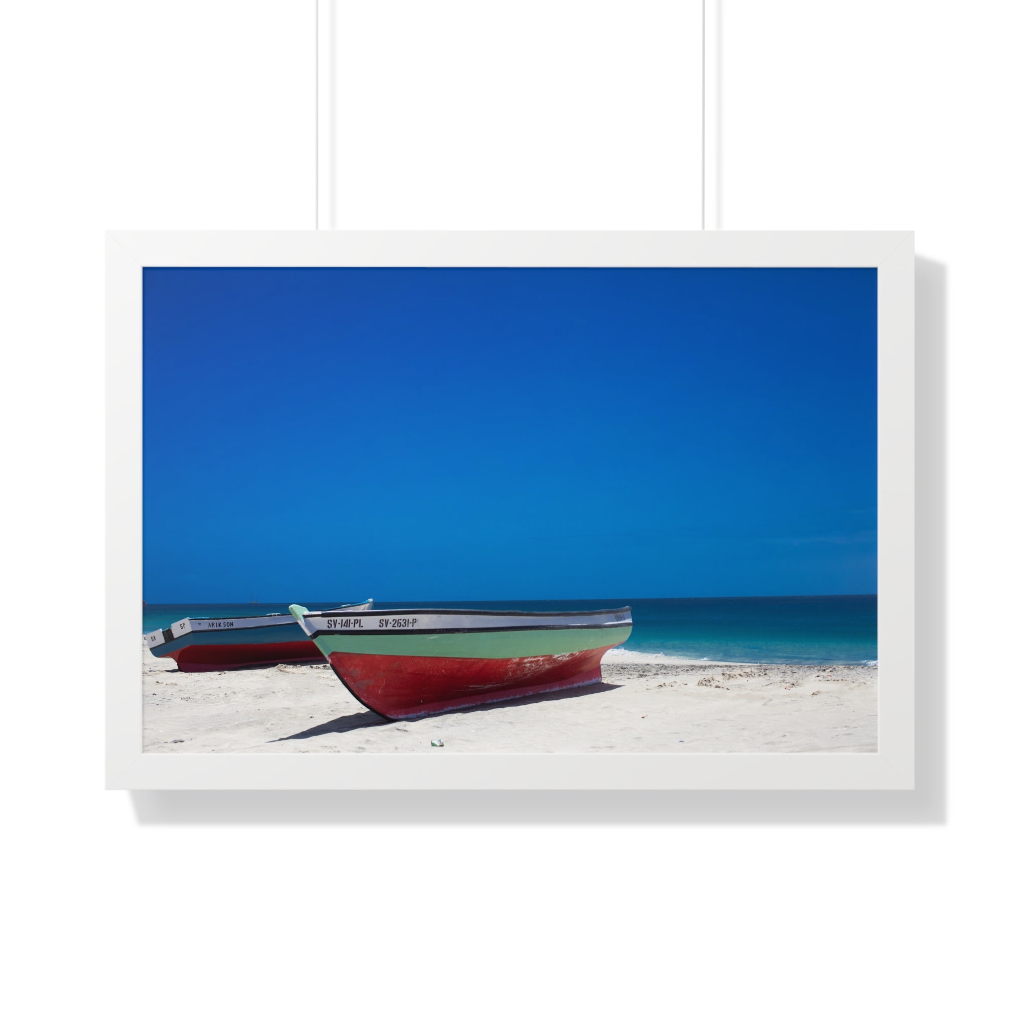 Beach Boat Framed Poster — Tropical Seashore Wall Art