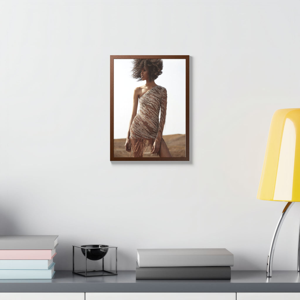 Framed Fashion Poster — Afro Model in One-Shoulder Dress (Wall Art)