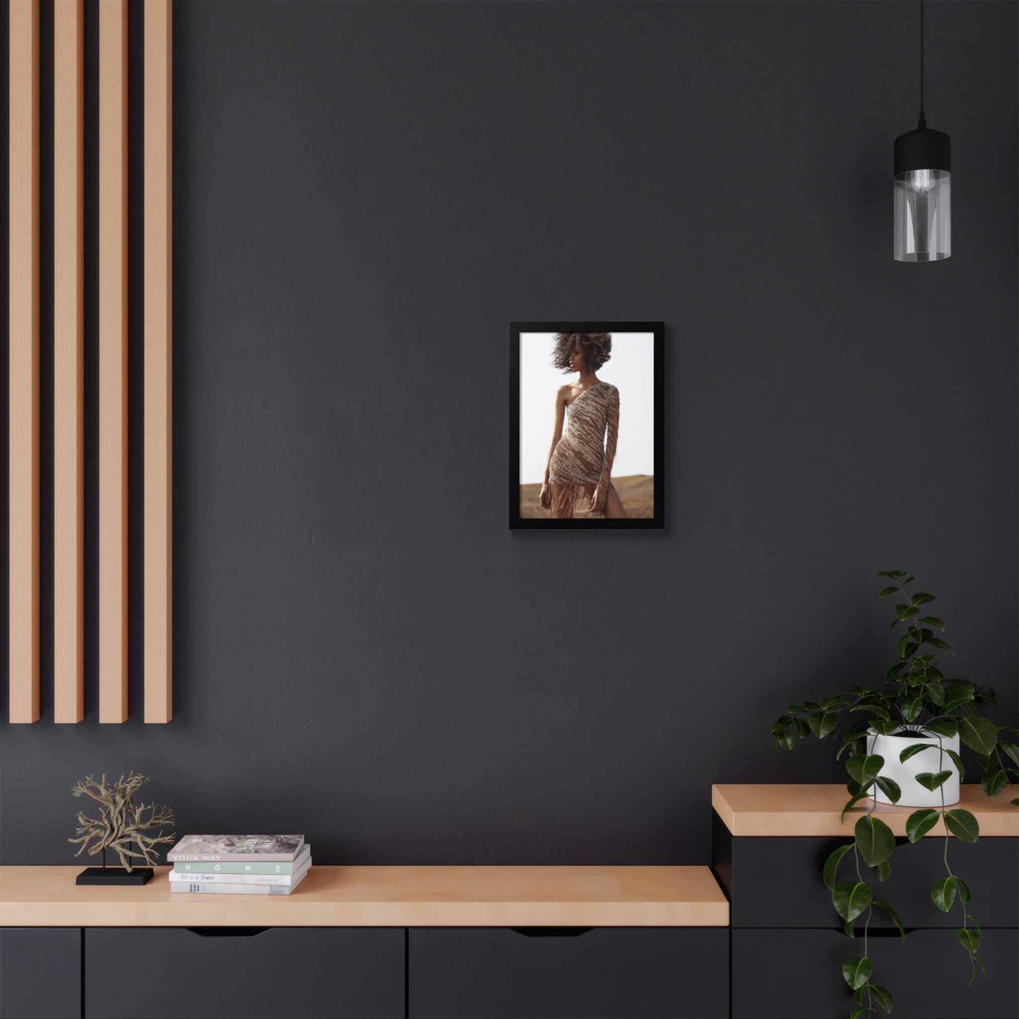 Framed Fashion Poster — Afro Model in One-Shoulder Dress (Wall Art)