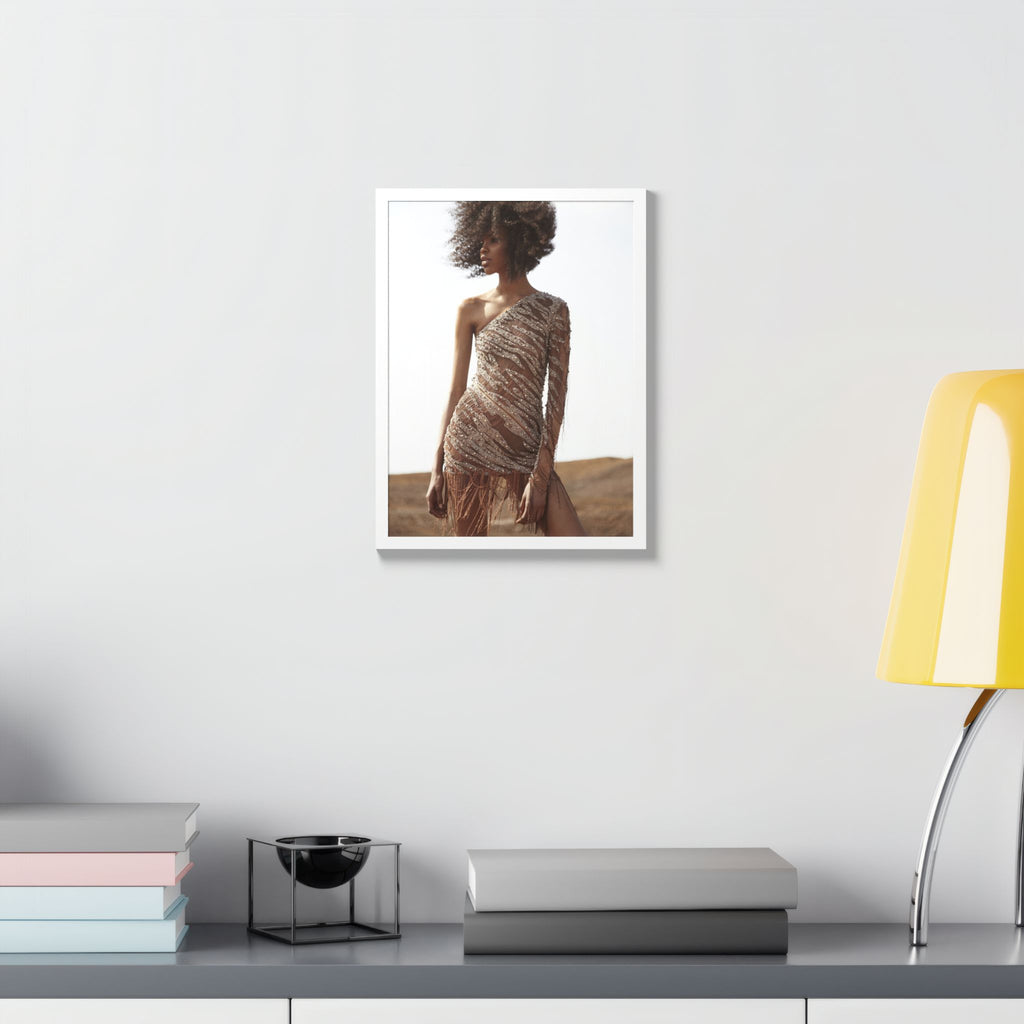 Framed Fashion Poster — Afro Model in One-Shoulder Dress (Wall Art)