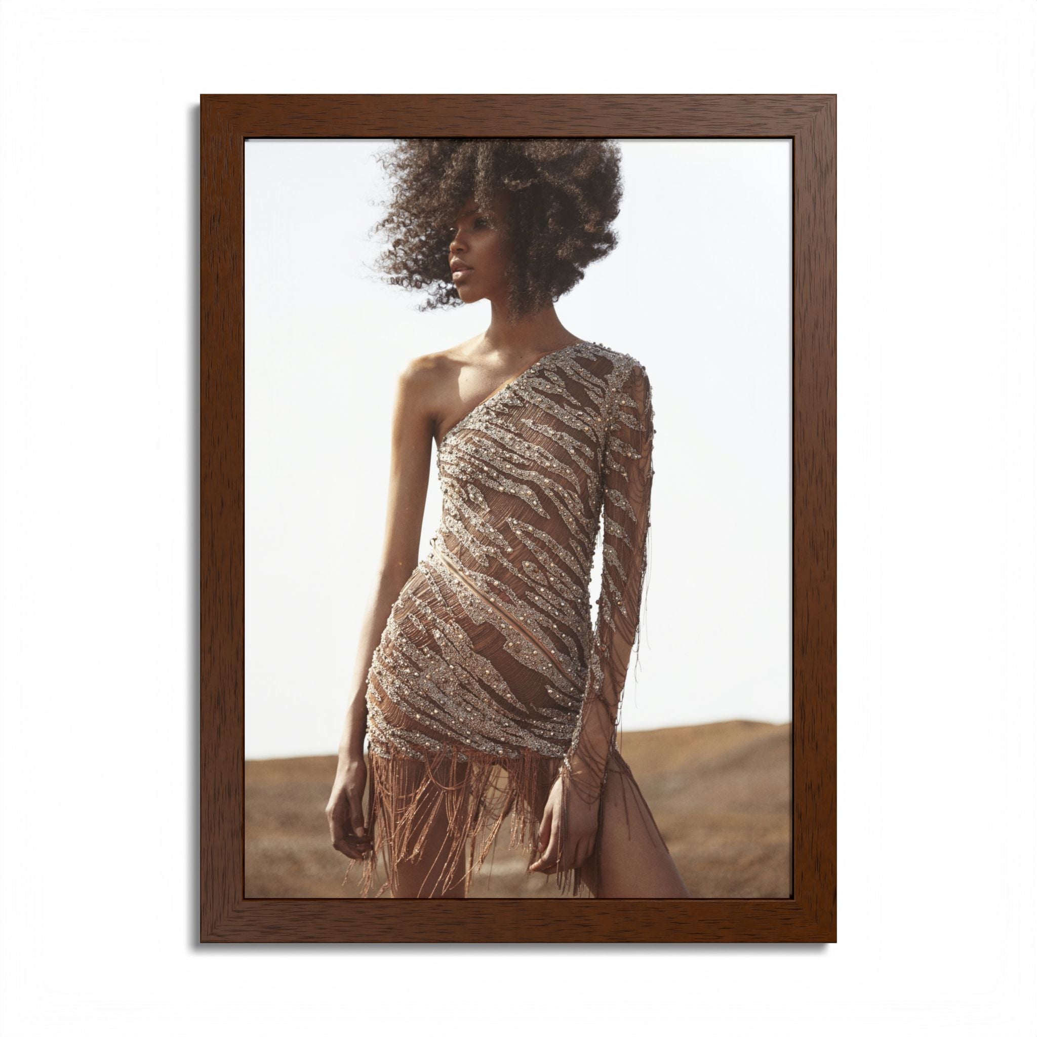 Framed Fashion Poster — Afro Model in One-Shoulder Dress (Wall Art)