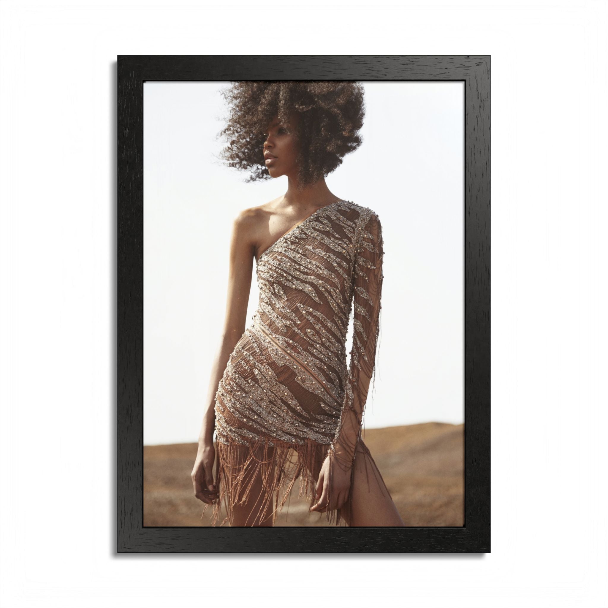 Framed Fashion Poster — Afro Model in One-Shoulder Dress (Wall Art)