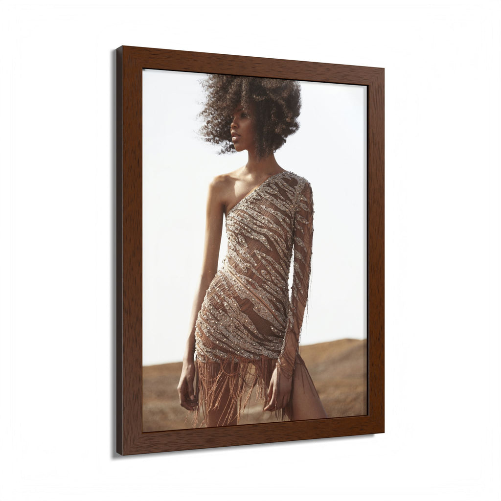 Framed Fashion Poster — Afro Model in One-Shoulder Dress (Wall Art)