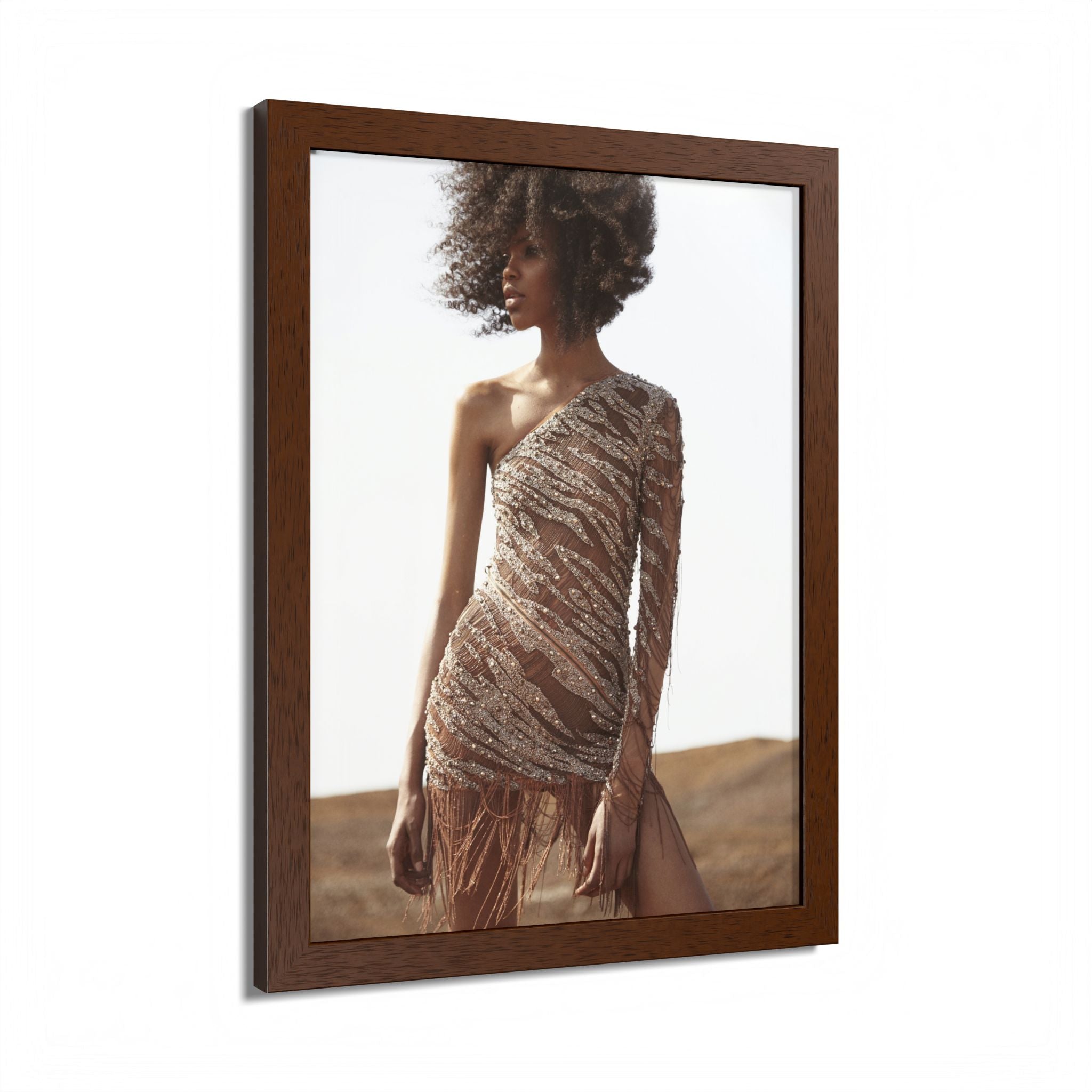 Framed Fashion Poster — Afro Model in One-Shoulder Dress (Wall Art)