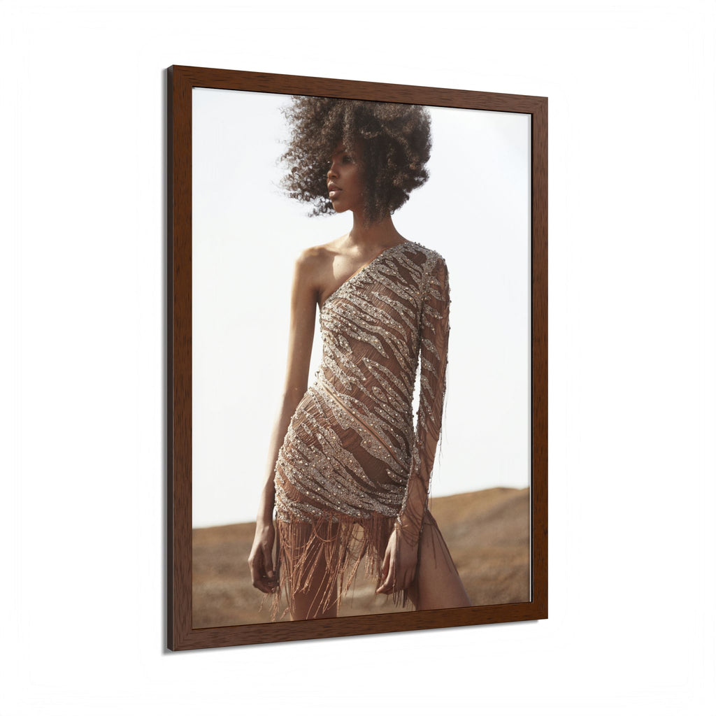 Framed Fashion Poster — Afro Model in One-Shoulder Dress (Wall Art)