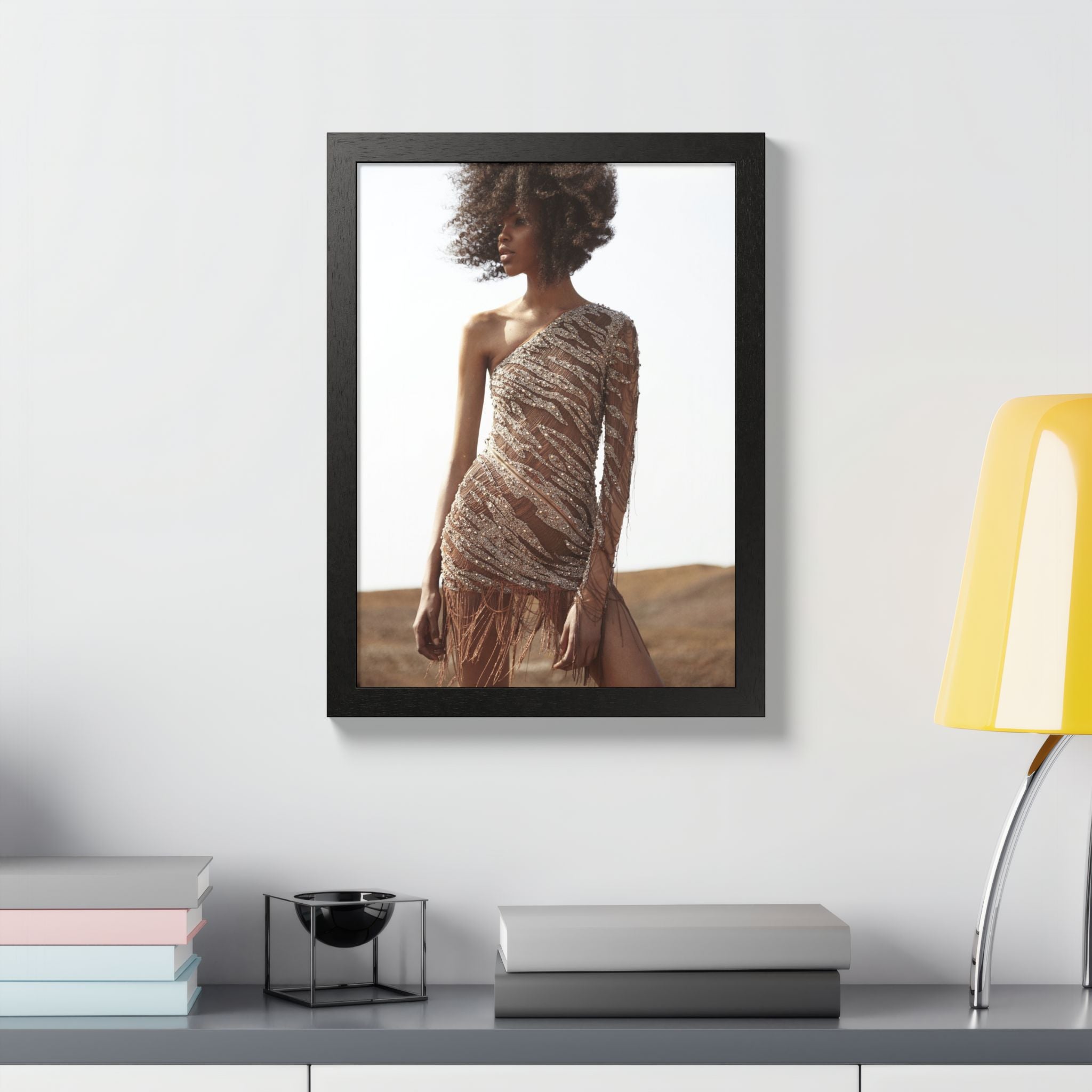 Framed Fashion Poster — Afro Model in One-Shoulder Dress (Wall Art)