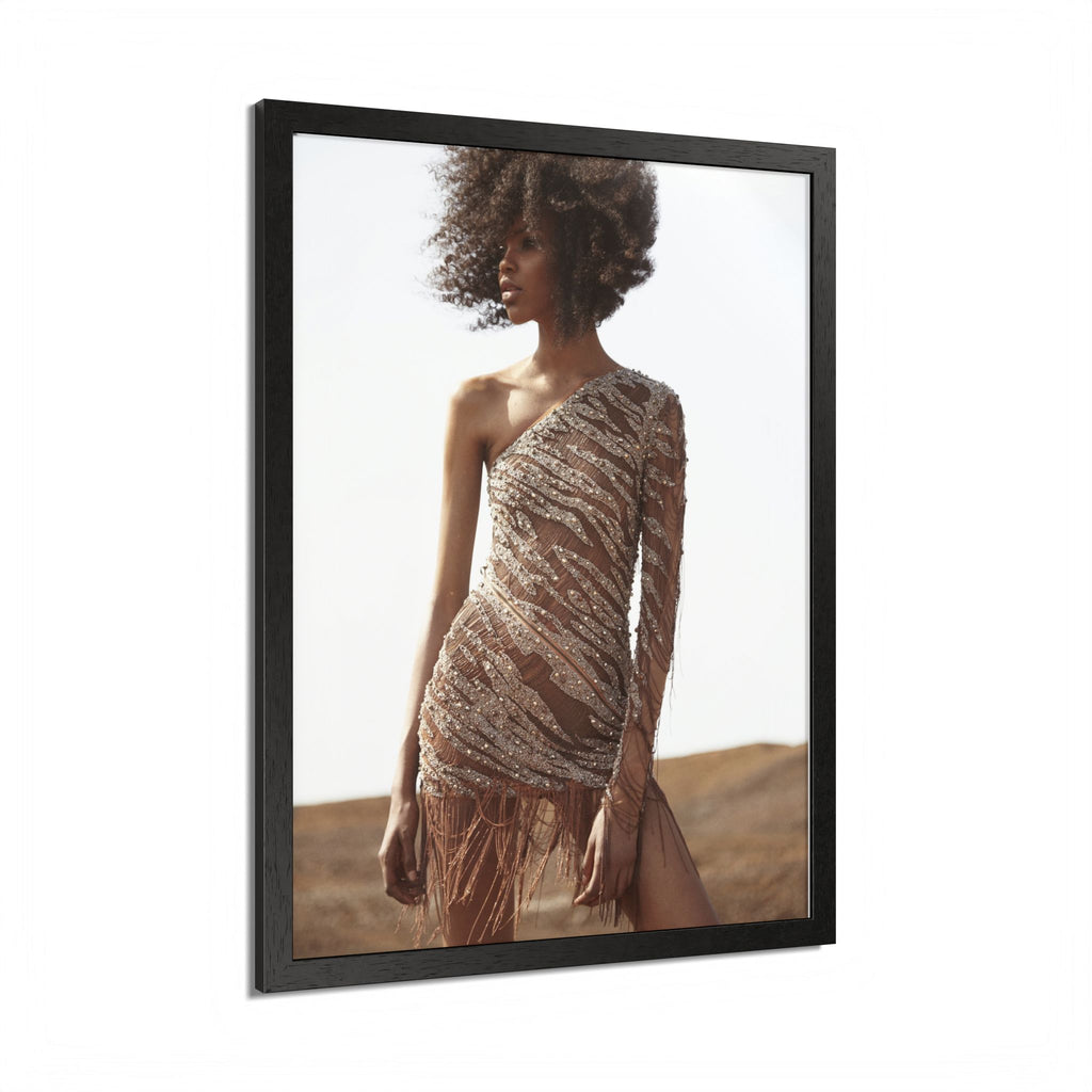 Framed Fashion Poster — Afro Model in One-Shoulder Dress (Wall Art)