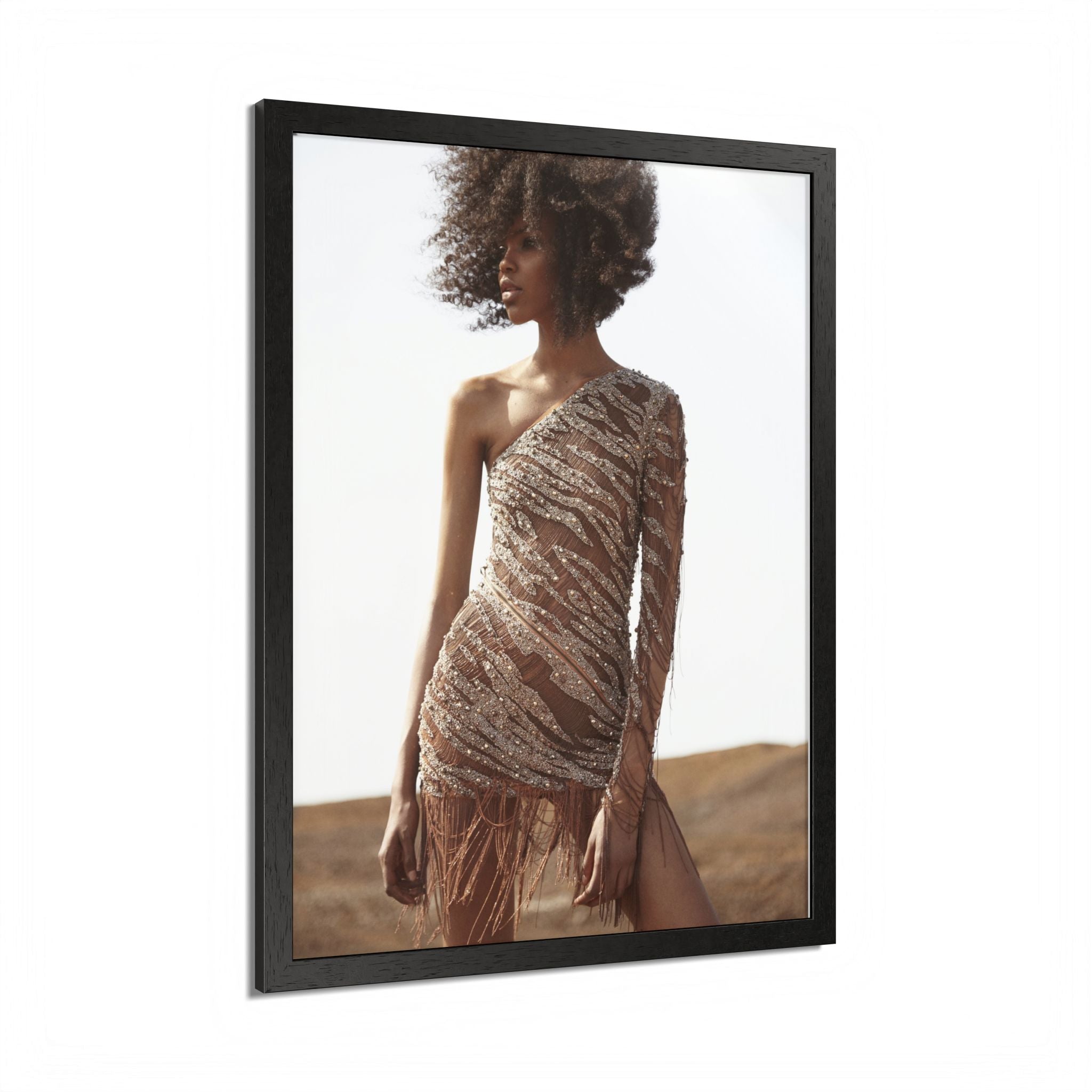 Framed Fashion Poster — Afro Model in One-Shoulder Dress (Wall Art)