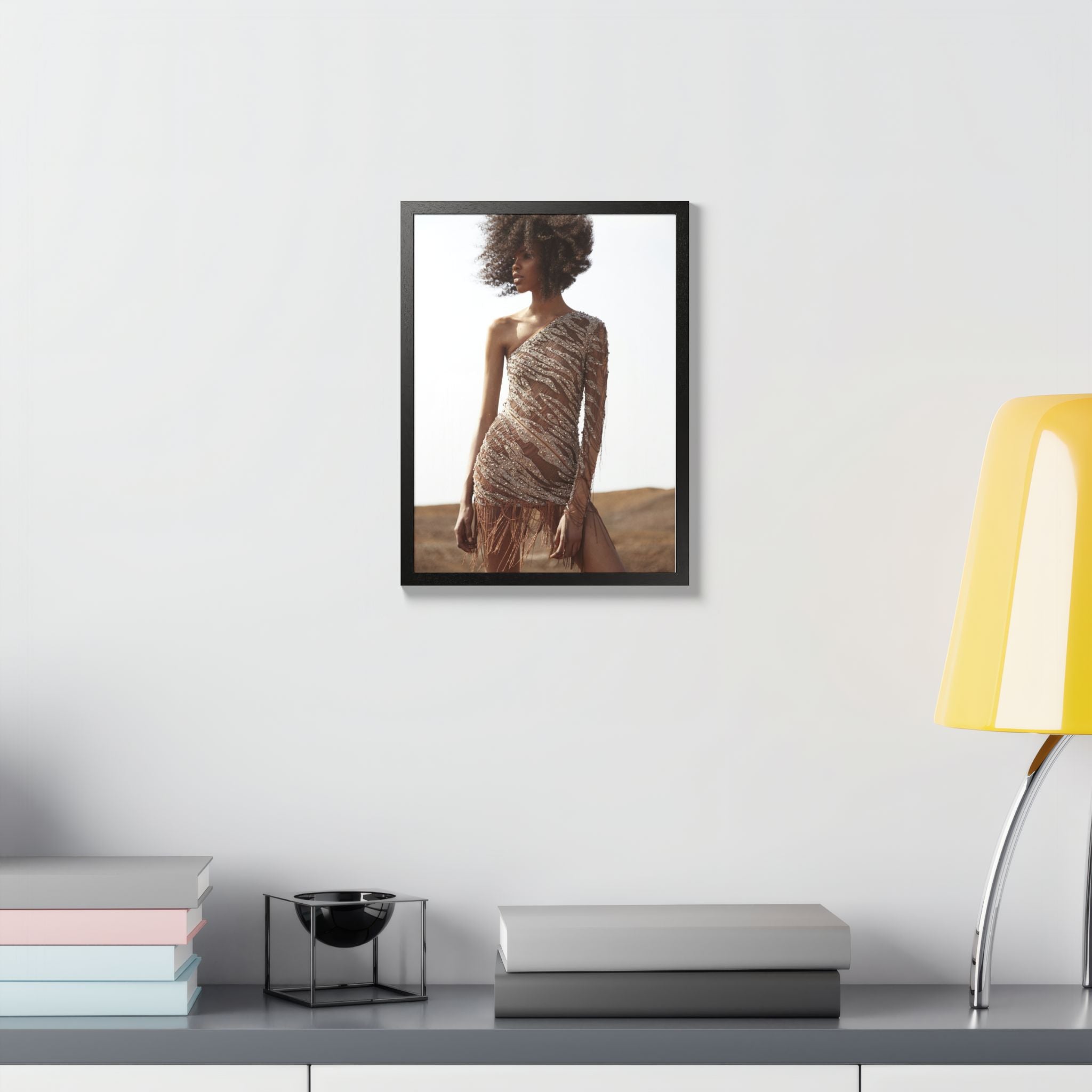 Framed Fashion Poster — Afro Model in One-Shoulder Dress (Wall Art)