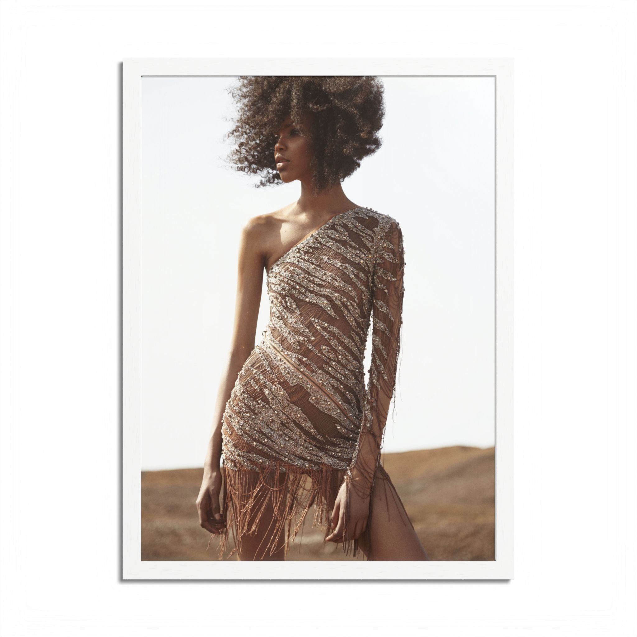 Framed Fashion Poster — Afro Model in One-Shoulder Dress (Wall Art)