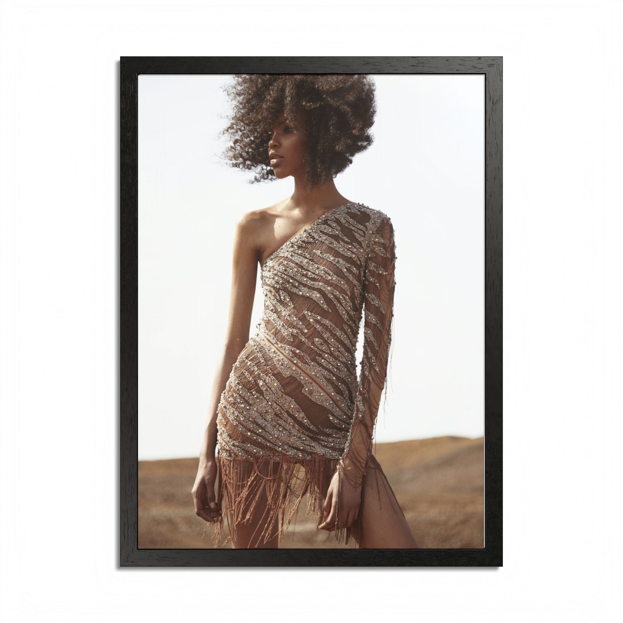 Framed Fashion Poster — Afro Model in One-Shoulder Dress (Wall Art)