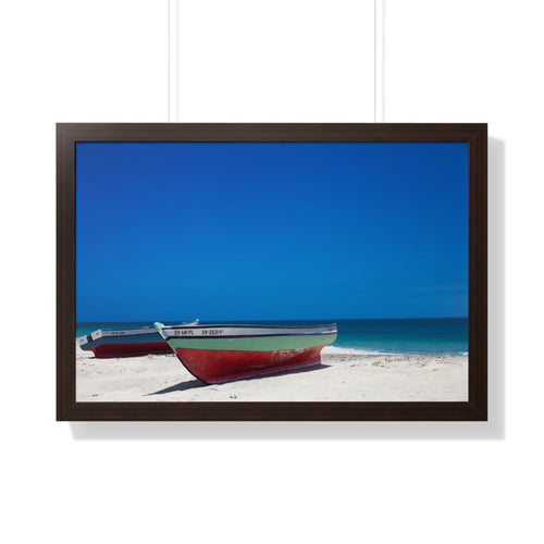 Beach Boat Framed Poster — Tropical Seashore Wall Art