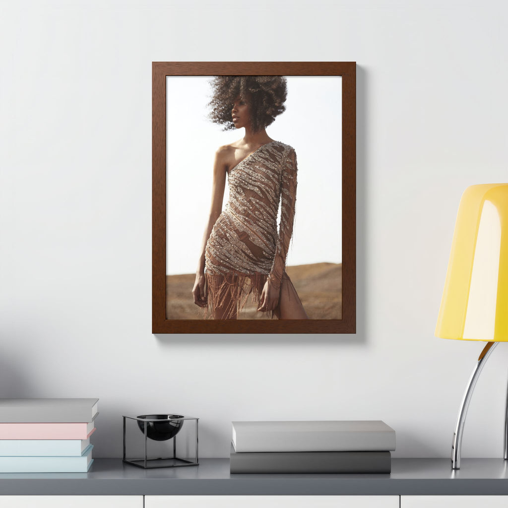 Framed Fashion Poster — Afro Model in One-Shoulder Dress (Wall Art)
